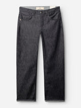 A pair of BGleroy Jeans - Raw Denim by Blue de Gênes, featuring a straight-leg cut in dark gray with five pockets, button closure, front and back pockets, and subtle stitching, crafted with innovative denim construction and displayed laid flat on a white background.