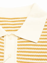 Close-up of the BGbob Knit Polo - Sunflower by Blue de Gênes, a cream cotton knit polo featuring horizontal tan and white textured stripes and white buttons on the front placket.