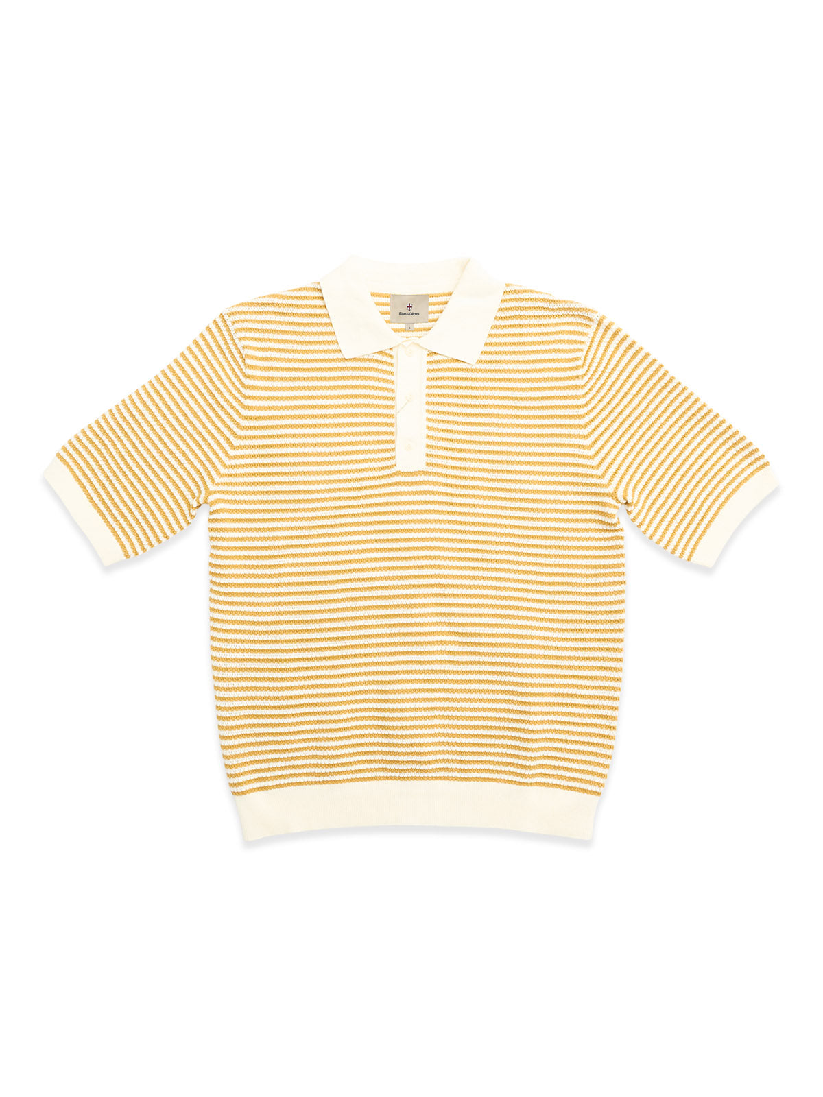 The BGbob Knit Polo - Sunflower by Blue de Gênes is a cotton knit polo featuring short sleeves, a white collar, button placket, and cuffs with horizontal yellow and brown stripes for a fresh nautical look.
