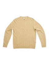 The BGyale Slubby Crewneck Knit in Pale Khaki by Blue de Gênes is a cotton sweater with a textured knit, crew neckline, and ribbed cuffs and hem for a classic fit, shown laid flat on a white background.