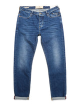 The BGrepi Kanto Jeans - Used by Blue de Gênes are blue comfort stretch denim jeans with rolled cuffs, a classic five-pocket design, and visible stitching.