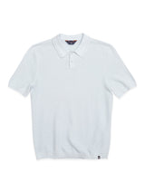 The Blue de Gênes Filo Knit Polo in Blue Water features short sleeves, a classic collar, and a two-button placket, shown against a plain white background.