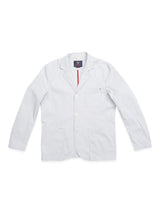 The Blue de Gênes Gabbiano Riga Blazer in blue stripe features a notched lapel, three-button front, chest pocket, and two lower patch pockets in a relaxed fit, shown flat on a white background.