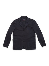 The Blue de Gênes Gabbiano Dobby Blazer in Dark Navy features long sleeves, cotton comfort stretch, three front pockets, and a three-button closure, shown laid flat on a white background.
