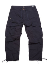 The Blue de Gênes Mustang Cargo Pant in navy features multiple large pockets, a button and drawstring waistband, and adjustable drawstring ankle cuffs, shown laid flat on a white background.