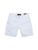 The Menzino Shorts - Blue Water by Blue de Gênes are light blue men's chino shorts in herringbone fabric, with button and zipper closure, side pockets, and a small skull logo on the left pocket, shown on a white background.