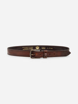 The BGualan Belt - Brown by Blue de Gênes is a full-grain leather accessory featuring a classic metal buckle, elegantly displayed in a circular shape on a white background. Handmade in Italy, the interior of the belt is stamped with gold-colored branding and sizing details.