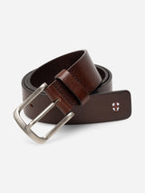 The BGathol Belt - Dark Brown by Blue de Gênes is a coiled, full-grain leather belt in brown, featuring a classic metal buckle and a small shield emblem on the end tip. Handmade in Italy, it is displayed on a plain white background.