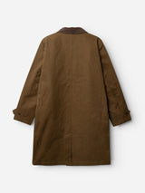 The BGjacques AW Coat - Brown by Blue de Gênes is a knee-length overcoat crafted from heavy cotton and detailed with a corduroy collar and buttoned cuffs. Shown from the back, this relaxed car coat is presented against a plain white background.