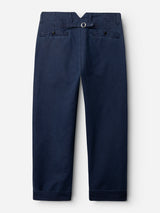 The BGliam Nebraska Chino - Blue by Blue de Gênes is crafted from high-density dobby weave cotton for enhanced durability and texture. Shown from the back, these navy blue chinos feature two buttoned rear pockets and an adjustable waistband with a metal buckle strap.