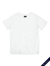 The Sagi Nuovo T-shirt - White by Blue de Gênes is a men's regular fit tee in plain white with a small chest pocket, made from premium cotton and finished with a navy "The Classics" label on the bottom corner.