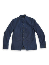 The Blue de Gênes Casella Officers Blazer in dark navy, made from brushed cotton with a stand collar, front buttons, two flap pockets, and buttoned cuffs, is shown laid flat on a white background.