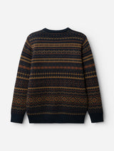 The BGrhys Knit by Blue de Gênes is a vintage-inspired wool crewneck sweater in dark navy, featuring geometric and zigzag jacquard patterns in brown, orange, and yellow tones across the back. The sweater is shown laid flat with the back facing up.
