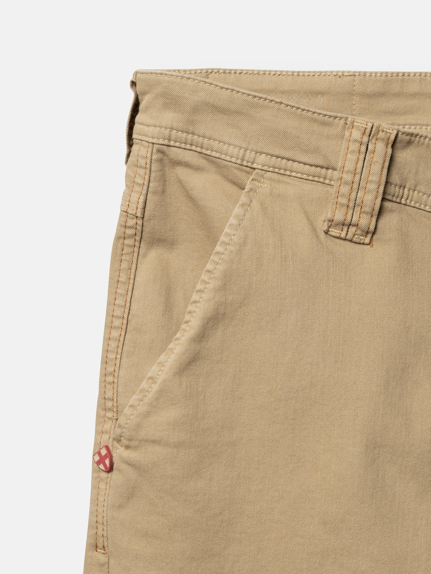Enzyme washed khaki BGpaulo Pavia V3 Chino - Khaki pants showing the side pocket, belt loops, and a small red and white emblem on the pocket edge.