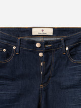Blue de Gênes BGvinci Pala Dark V3 Jeans in dark blue denim, featuring a regular fit, button fly, copper-colored stitching, and comfort stretch fabric.