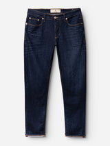 Dark blue BGvinci Pala Dark V3 Jeans with copper-colored stitching and cuffed hems.
