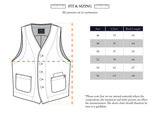 Diagram of the BGduncan Ian Gilet - Black by Blue de Gênes, ideal for layering with a three-piece suit, featuring a fit and sizing chart with chest and back length in centimeters for sizes 46-56. The chart notes that measurements may vary due to the natural linen-wool materials used in this waistcoat.