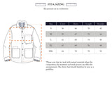 Illustration of the BGcuddy Nebraska Jacket - Brown by Blue de Gênes, featuring a dobby weave cotton design and a sizing chart displaying chest, sleeve, length, and shoulder measurements in centimeters for sizes S to XXL. Text notes that measurements may vary due to natural materials.