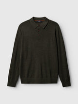 The BGigor Polo Knit - Beech Green by Blue de Gênes is a dark green fine-gauge, long-sleeved polo shirt featuring a collar and three brown buttons, shown laid flat on a plain white background.