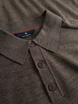 Close-up of the BGigor Polo Knit in Sepia Tint Brown from Blue de Gênes, featuring a fine-gauge knit, a collar, three brown buttons, and a visible navy Blue de Gênes brand label inside the neckline.