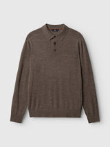 A BGigor Polo Knit - Sepia Tint Brown by Blue de Gênes, featuring long sleeves, a fine-gauge knit, a collar, and three buttons, is laid flat on a light background.