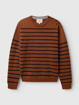 Blue de Gênes BGdaw Stripe Knit in Ginger Bread Orange, a 100% wool crewneck sweater with long sleeves and three buttons on one shoulder, featuring a bold striped pattern and shown against a plain white background.