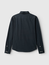 The BGenrico Tessusto Shirt - Navy by Blue de Gênes is displayed from the back against a light gray background, showcasing its long sleeves with white cuff buttons. Crafted from cotton, this versatile button-down features a subtle yet stylish design, ideal for casual occasions.