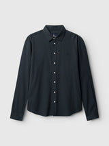 The BGenrico Tessusto Shirt - Navy by Blue de Gênes is a long-sleeve men’s casual shirt crafted from high-quality cotton, featuring a neatly buttoned front with white buttons, a classic collar, and a chest pocket, all showcased against a plain light gray background.