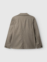 The BGFukui Wool Blazer in Grey Mel by Blue de Gênes is shown from the back, highlighting its long sleeves with black buttons at the cuffs, a center seam, and classic collar, laid flat against a plain white background.