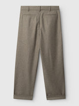 Back view of the BGkyoto Wool Pant in Grey Mel by Blue de Gênes: a pair of straight-leg, cuffed grey dress pants with belt loops and two welt pockets, laid flat on a white background—an ideal example of relaxed tailored trousers offering a timeless straight-leg silhouette.