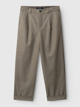 A pair of Blue de Gênes BGkyoto Wool Pant in Grey Mel, featuring a relaxed tailored fit with a straight-leg silhouette, button and zipper closure, belt loops, and side pockets, laid flat on a white background.