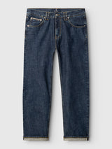 A pair of BGmarco Cast Jeans - Denim wash by Blue de Gênes, featuring a classic five-pocket design, straight legs, and rolled cuffs at the bottom, laid flat on a light background.