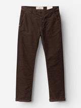 The BGpaulo Ottawa V3 Trousers in Hot Fudge Brown by Blue de Gênes are dobby corduroy pants featuring side pockets, a button and zipper closure, and belt loops. Laid flat on a white background, they showcase a regular slim fit designed for everyday comfort.