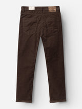 Back view of the Blue de Gênes BGpaulo Ottawa V3 Trousers in Hot Fudge Brown, shown in a regular slim fit with two rear pockets and two tags on the waistband, displayed against a white background.