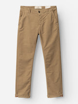 A pair of Blue de Gênes BGpaulo Ottawa V3 Trousers in Sepia Tint Brown, featuring a slim fit, front and back pockets, belt loops, and rolled cuffs, laid flat against a white background.