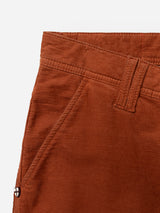 Close-up of the Blue de Gênes BGpaulo Ottawa V3 Trousers in Ginger Bread Orange, highlighting the waistband, belt loop, pocket, and distinctive dobby corduroy texture.
