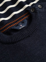Blue de Gênes BGdaw Stripe Knit - Navy wool crewneck sweater with white horizontal shoulder stripes, a ribbed collar, and two buttons near the neckline.