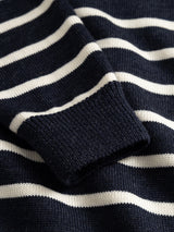 Blue de Gênes BGdaw Stripe Knit - Navy, a crewneck sweater in navy blue and cream stripes of 100% wool, finished with a ribbed cuff.