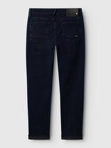 Back view of Blue de Gênes BGvinci Black OD V3 Jeans in dark blue denim, featuring a black leather patch on the back waistband and cuffed hems.