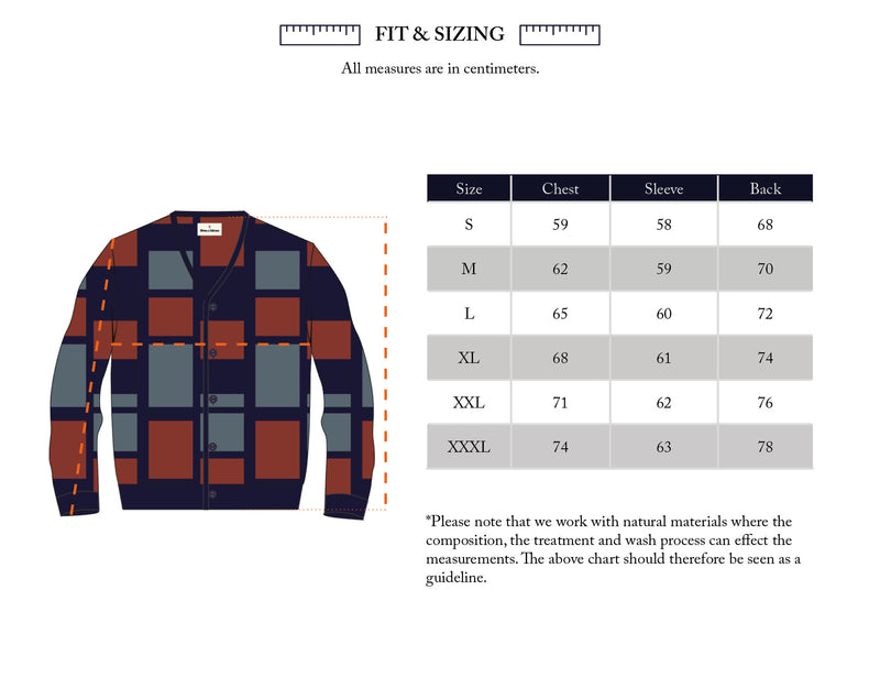 The Blue de Gênes Block Knit Cardigan - Navy Pattern, featuring navy, burgundy, and gray checks, is displayed beside a size chart with chest, sleeve, and back measurements (cm) for sizes S to XXXL.