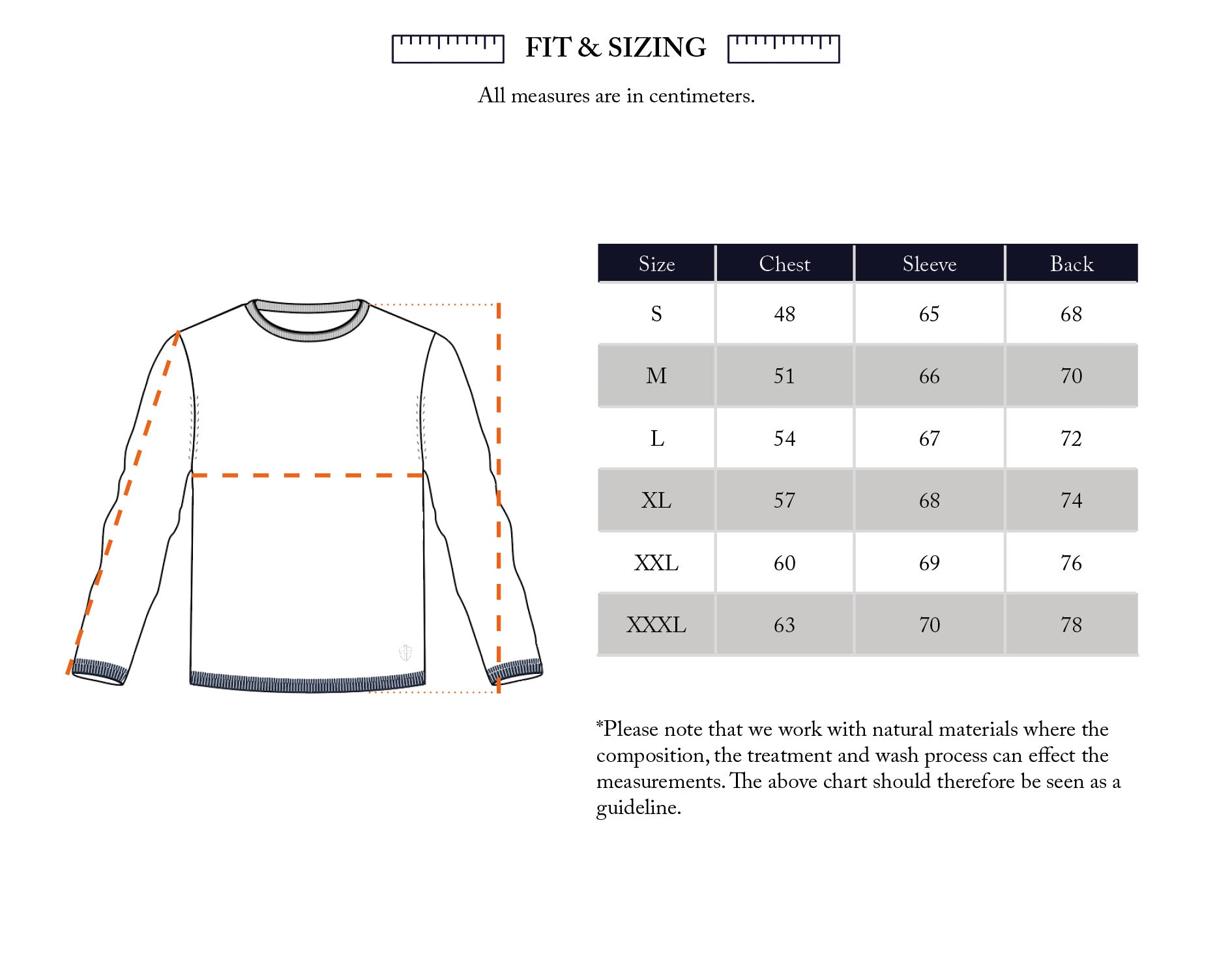 A size chart for Blue de Gênes' BGmonty Knit - Dark Navy in regular fit, showing chest, sleeve, and back lengths (cm) for sizes S–XXXL, plus an illustration marking these measurements on the shirt.