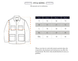 Illustration of the Blue de Gênes BGhunter Vecchio Jacket - Dark Navy with chest, sleeve, and back measurement guides. Size chart (S–XXL, cm) included; note: variations may occur due to natural materials.