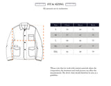 Illustration of the BGkendrick Print Jacket - Multi Pattern by Blue de Gênes, showing cotton twill fabric, pocket details, and measurements. Sizing chart lists chest, sleeve, and back lengths (cm) for S-XXL; measurements are approximate.