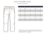Illustrated size chart for Blue de Gênes BGpalco Toll Pants - Navy Stripe with measurements in cm. Table shows waist, thigh, knee, and hem sizes for EU 46–56, plus a cotton variation note and a drawing with measurement guides.