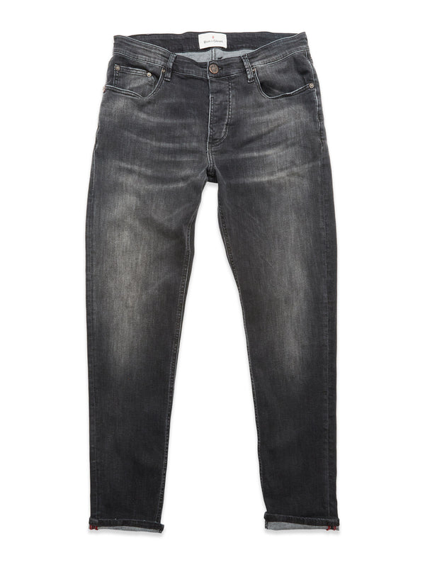 The Blue de Gênes Vinci G Dark Grey Jeans are slim-fit grey denim with comfort stretch, front and back pockets, button and zip closure, and slightly faded thighs. Shown laid flat on a white background.