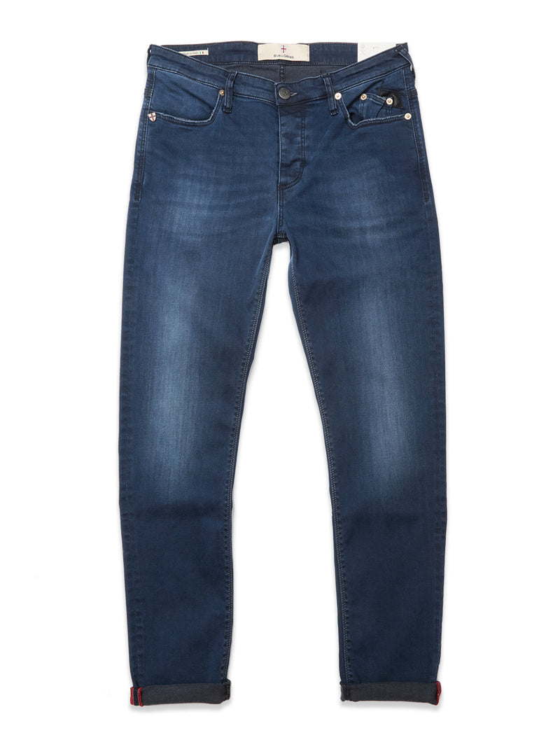 The Blue de Gênes Repi BlueBlk Used Jeans feature blue-black comfort stretch denim, a slim fit, subtle thigh fading, classic five-pocket styling, rolled cuffs, and visible stitching details.