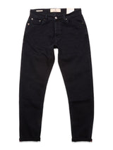A pair of Blue de Gênes Recco BlueBlk Jeans in blue-black denim, laid flat on a white background, featuring front pockets, belt loops, button closure, and a relaxed regular fit with tapered legs.