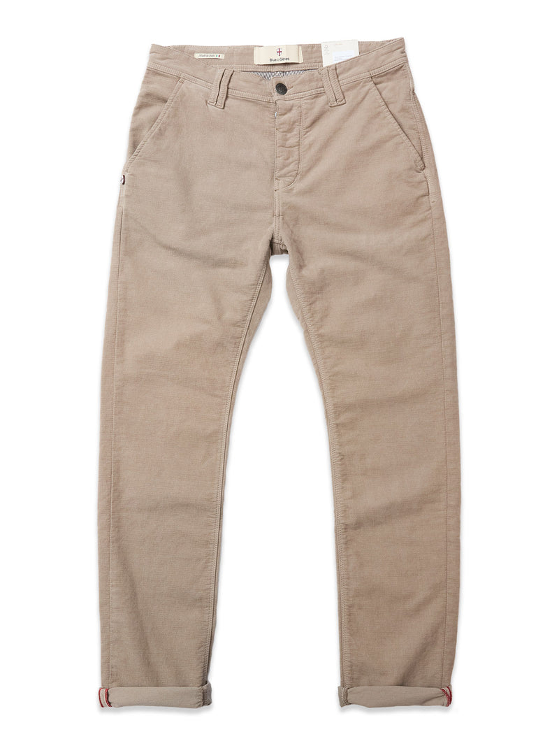 BGpaulo Ottawa Trousers - Fungi by Blue de Gênes, Italian-made beige chinos with front and back pockets, belt loops, and ankle cuffs, shown flat on a white background.