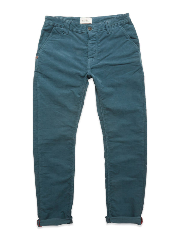 Blue de Gênes BGpaulo Ottawa Trousers in Dark Slate, crafted in Italy from dobby corduroy, feature front pockets, button and zip closure, and turned-up cuffs. Shown laid flat on a white background.