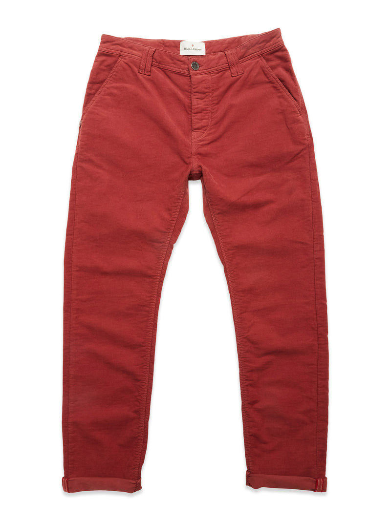 Blue de Gênes BGpaulo Ottawa Trousers in Henna, featuring button and zipper closure, belt loops, side pockets, and rolled cuffs, shown laid flat on a white background.